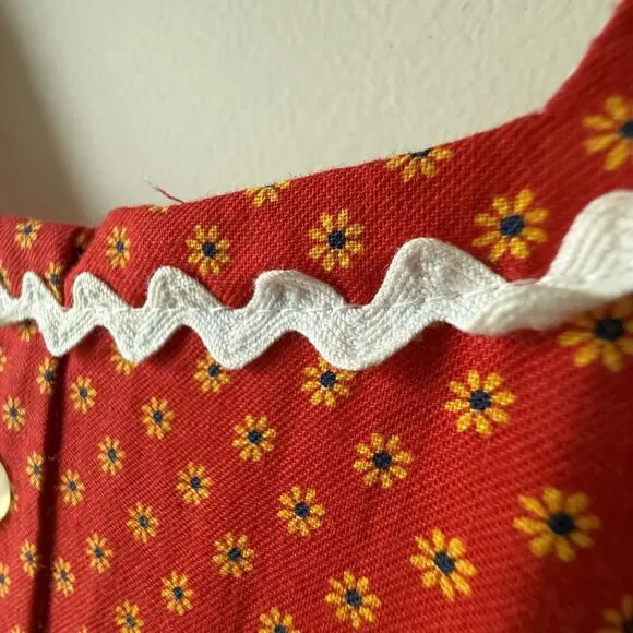 Vintage Handmade Prairie Tiered Cotton Dress / Ric-Rac, Fitted Folk Cottagecore - Picture 5 of 14
